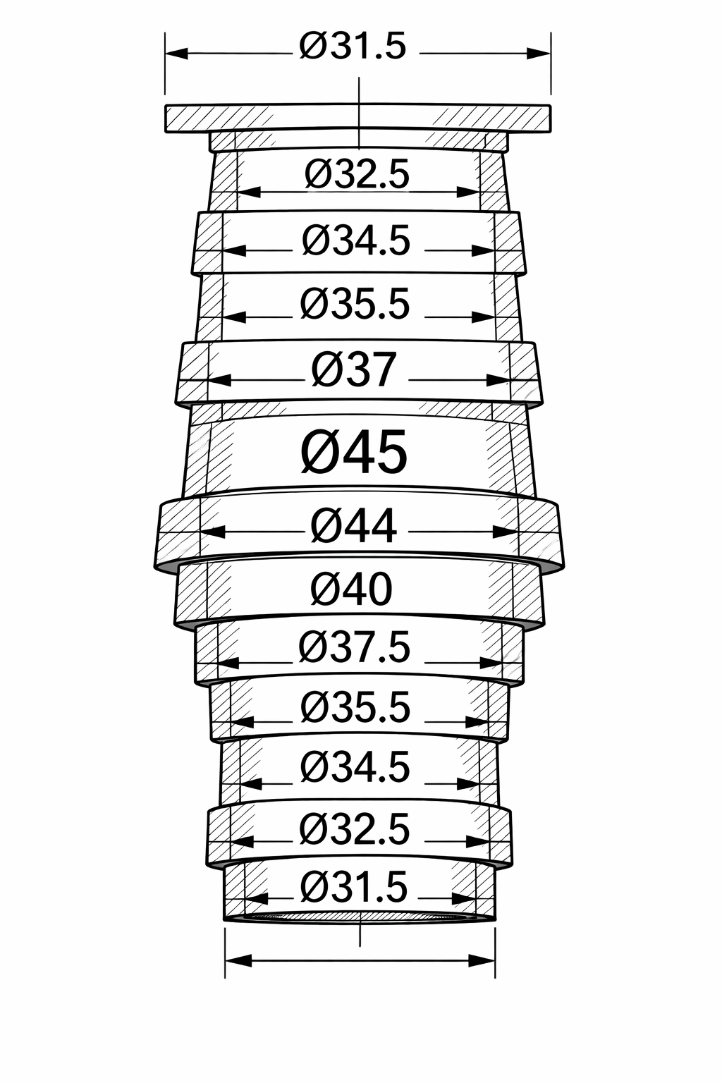 Diagramă cote tehnice adaptor aspirator universal printat 3D, prezentând diametre interioare și exterioare între 31.5mm și 45mm pentru compatibilitate Parkside și Makita.