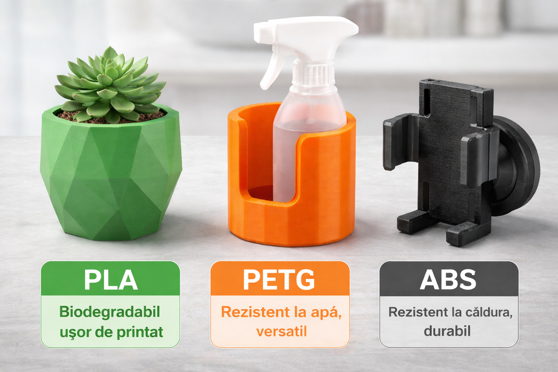 Ce materiale folosim la printarea 3D și de ce – PLA, PETG și ABS explicate simplu