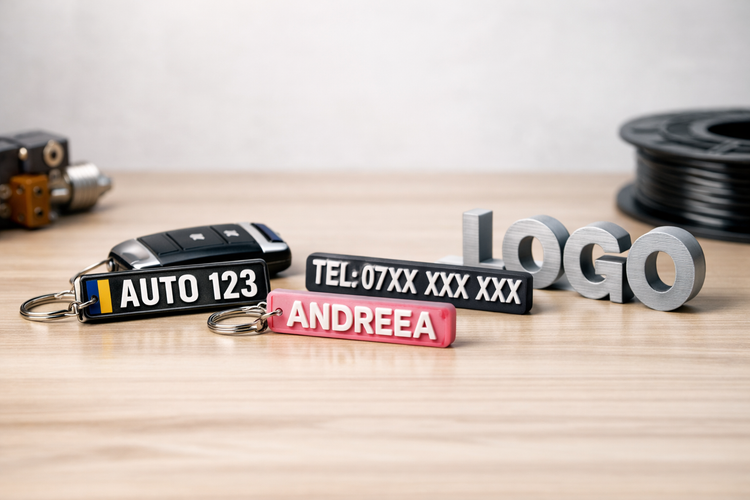 Produse personalizate realizate prin printare 3D, brelocuri, obiecte cu nume și accesorii personalizate