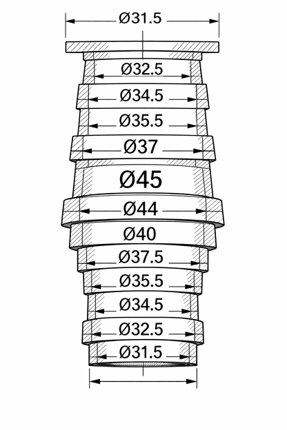 Diagramă cote tehnice adaptor aspirator universal printat 3D, prezentând diametre interioare și exterioare între 31.5mm și 45mm pentru compatibilitate Parkside și Makita.