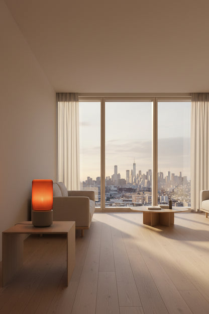 Lampă design minimalist Mesh Glow amplasată pe măsuță de cafea în living room, lumină ambientală caldă